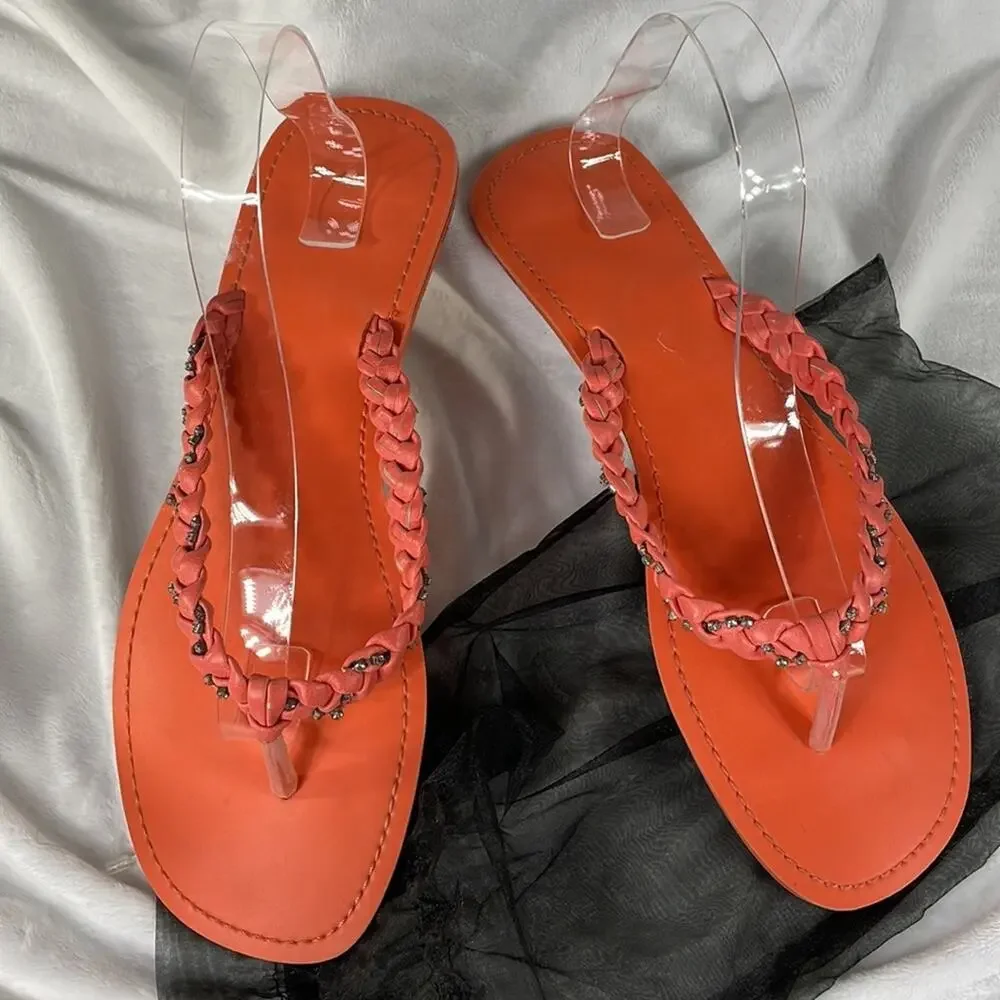 Coral Braided Jeweled Strap Flat Flip Flop Size 11/12.  Beach Coastal Summer Fun